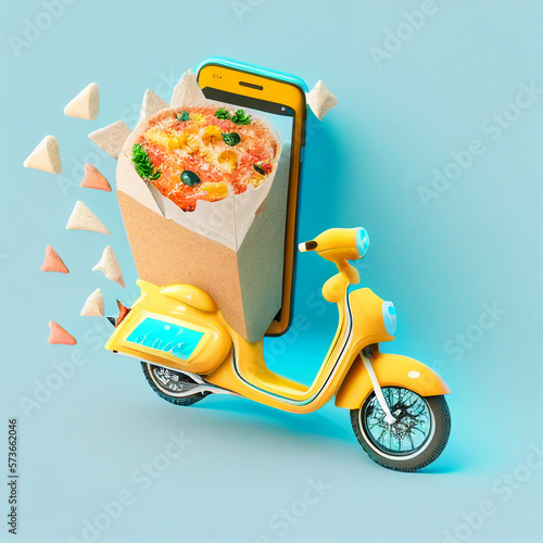 render online food order delivery on mobile illustration with scooter. created using Generative All Technology