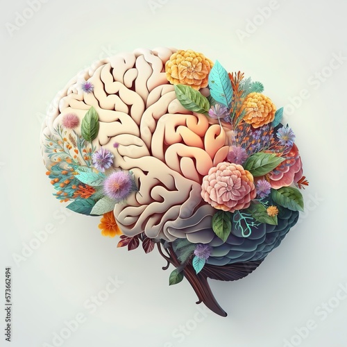 The human brain made up of leaves and flowers. Spring bloom and style. Love. Generative art.