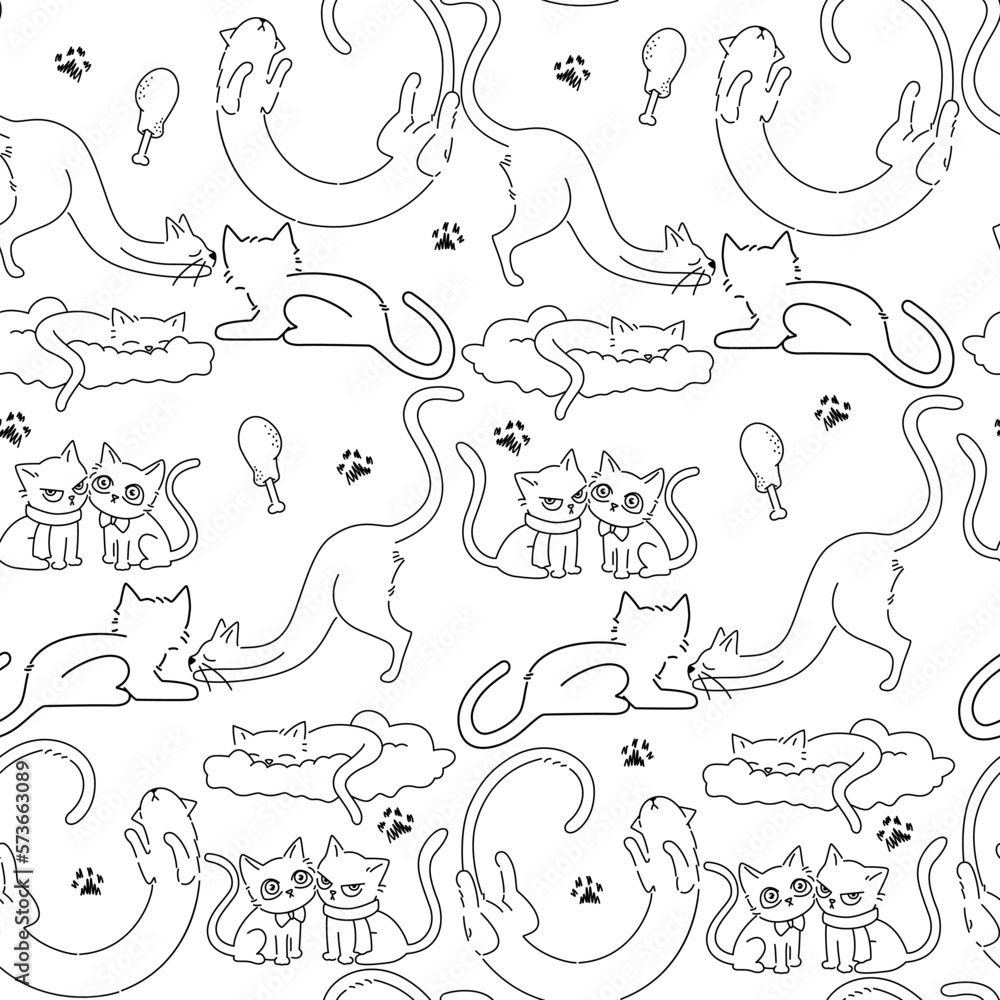Obraz premium Seamless pattern with black line drawings of cats.This black and white seamless cat pattern is perfect for creative projects like fabrics. The minimalistic yet playful design makes it versatile