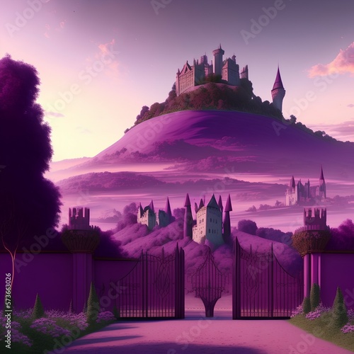 Fotografia Mauve sky with eggplant ground world with castle on a hill and big black metalli