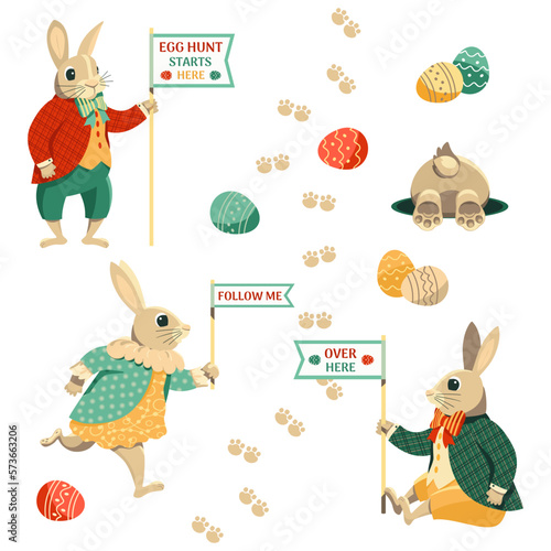 Easter Egg Hunt Game for Kids Icon Vector Set. Rabbit feet path, bunny standing, running, sitting, bunny butt in hole cartoon illustration. Easter Egg scavenger joy fun hunt tradition design element