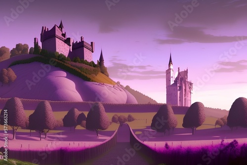 Canvas Print Mauve sky with eggplant ground world with castle on a hill and big black metalli