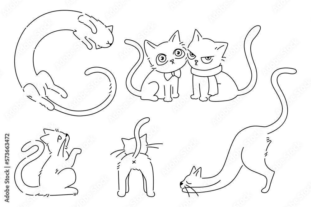 Fototapeta premium Seamless pattern with black line drawings of cats set against a white background. The repeating design is ideal projects such fabrics, wallpaper, wrapping paper