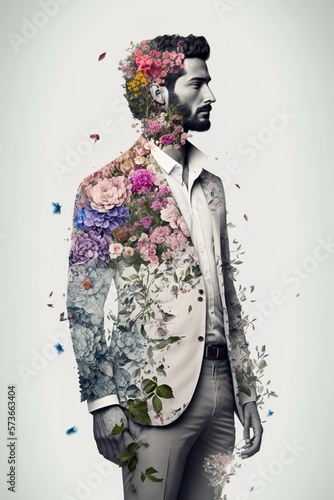 Handsome and confident man in a business suit. Spring bloom and style. Love. Generative art. © Daniil