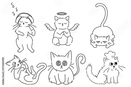 Seamless pattern with black line drawings of cats set against a white background. The repeating design is ideal projects such fabrics, wallpaper, wrapping paper