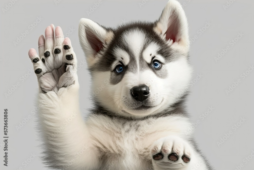 This adorable Siberian husky puppy extends a paw. Generative AI