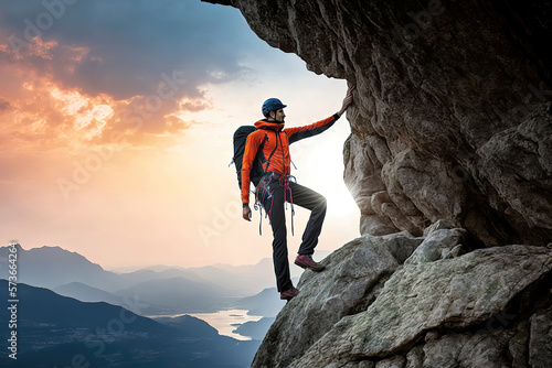 rock climber on a rock cliff with sunset background, generative ai photo