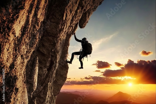 silhouette of a climber person on a rock cliff with sunset background, generative ai