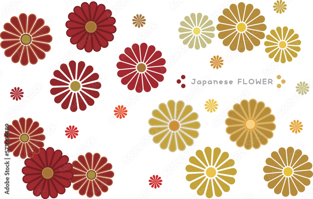 Set of red and gold flowers in various colors and sizes. Vector illustration isolated on a white background.
