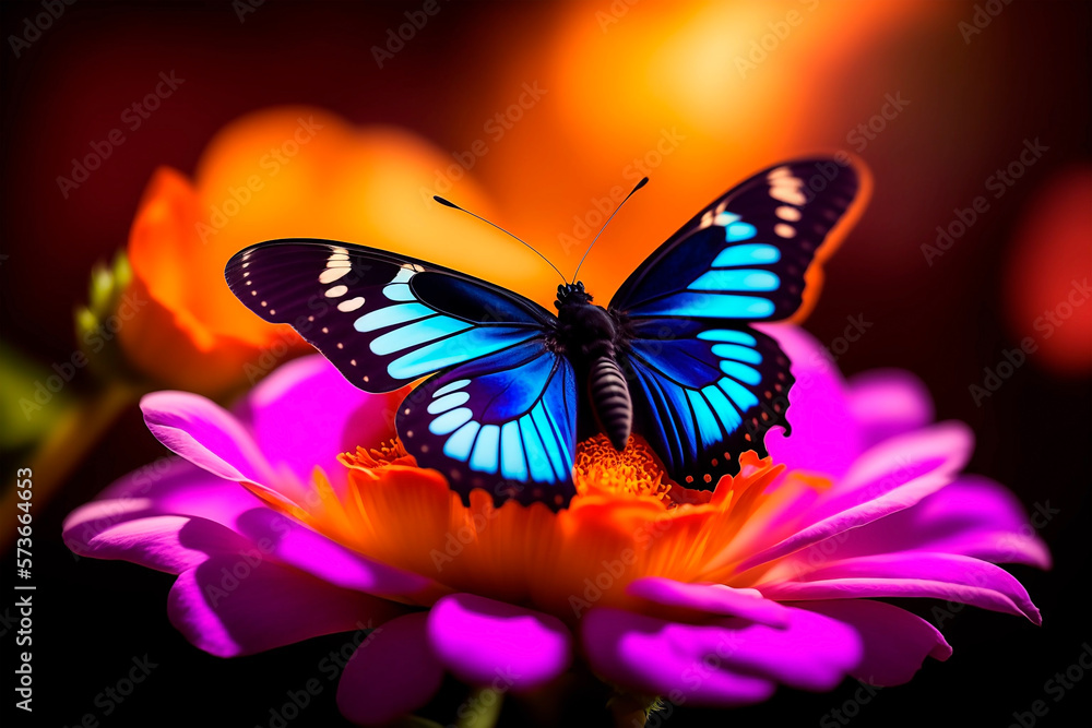 Blue and black butterfly on a flower. Generative AI.