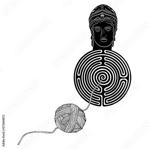 Head of ancient Greek hero wearing helmet on a round spiral maze or labyrinth symbol and a yarn ball. Ariadne thread. Theseus. Creative concept. Black and white silhouette.