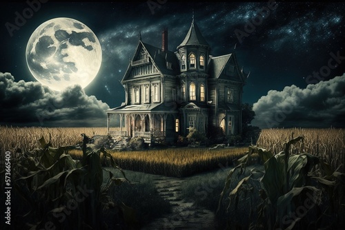 Horror house with full moon. Haunted House Scene background. Generative AI