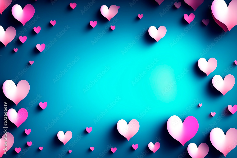 A card for valentine's day with pink hearts on a blue background. Generative AI.