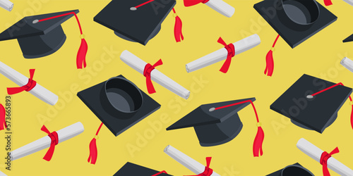 A pattern of graduation hats and diplomas for graduating from high school or college. Class 2023 in black and red colors. Congratulations to the graduates of 2023 background postcard. Packaging