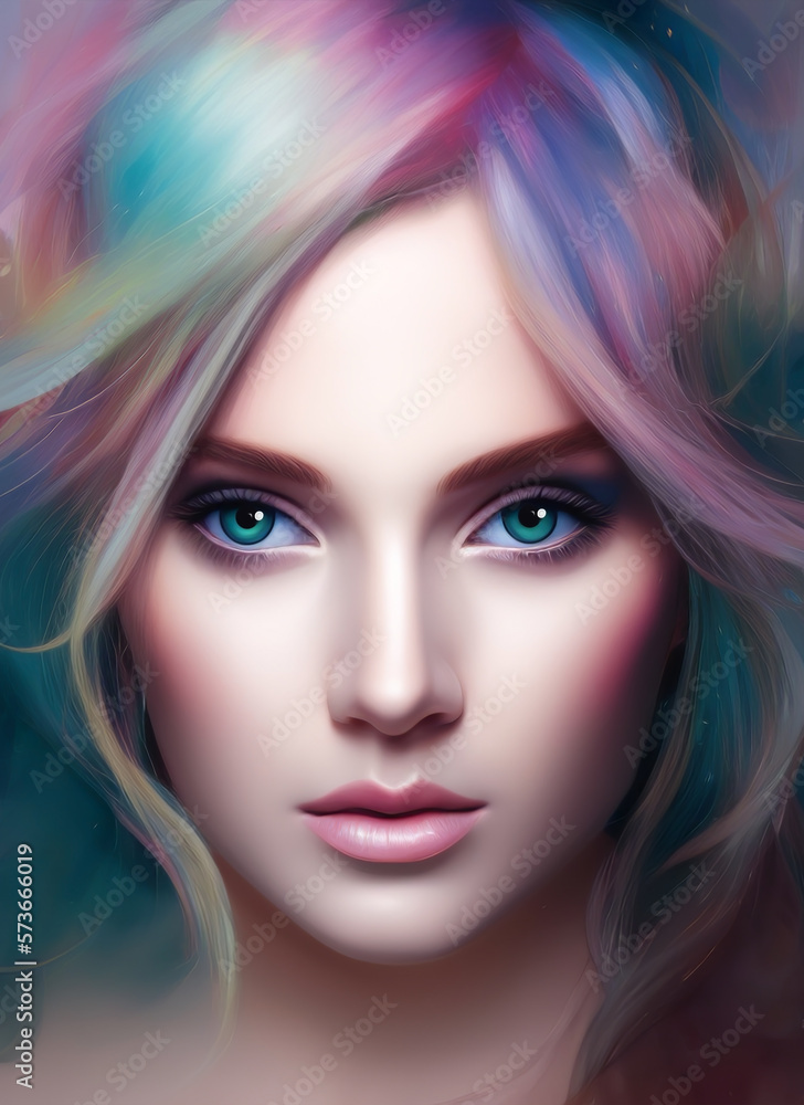Painting of the face of a beautiful woman, Portrait of a beautiful woman. Painting of the face of a beautiful woman, Portrait of a beautiful woman.