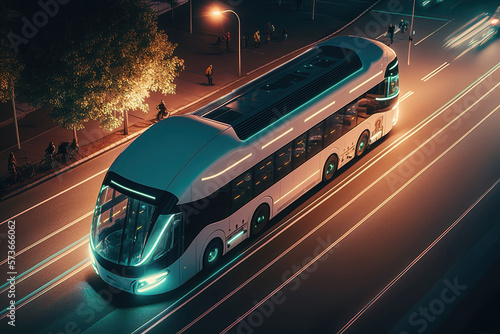 futuristic green energy eco-friendly electric bus, generative ai © Gbor