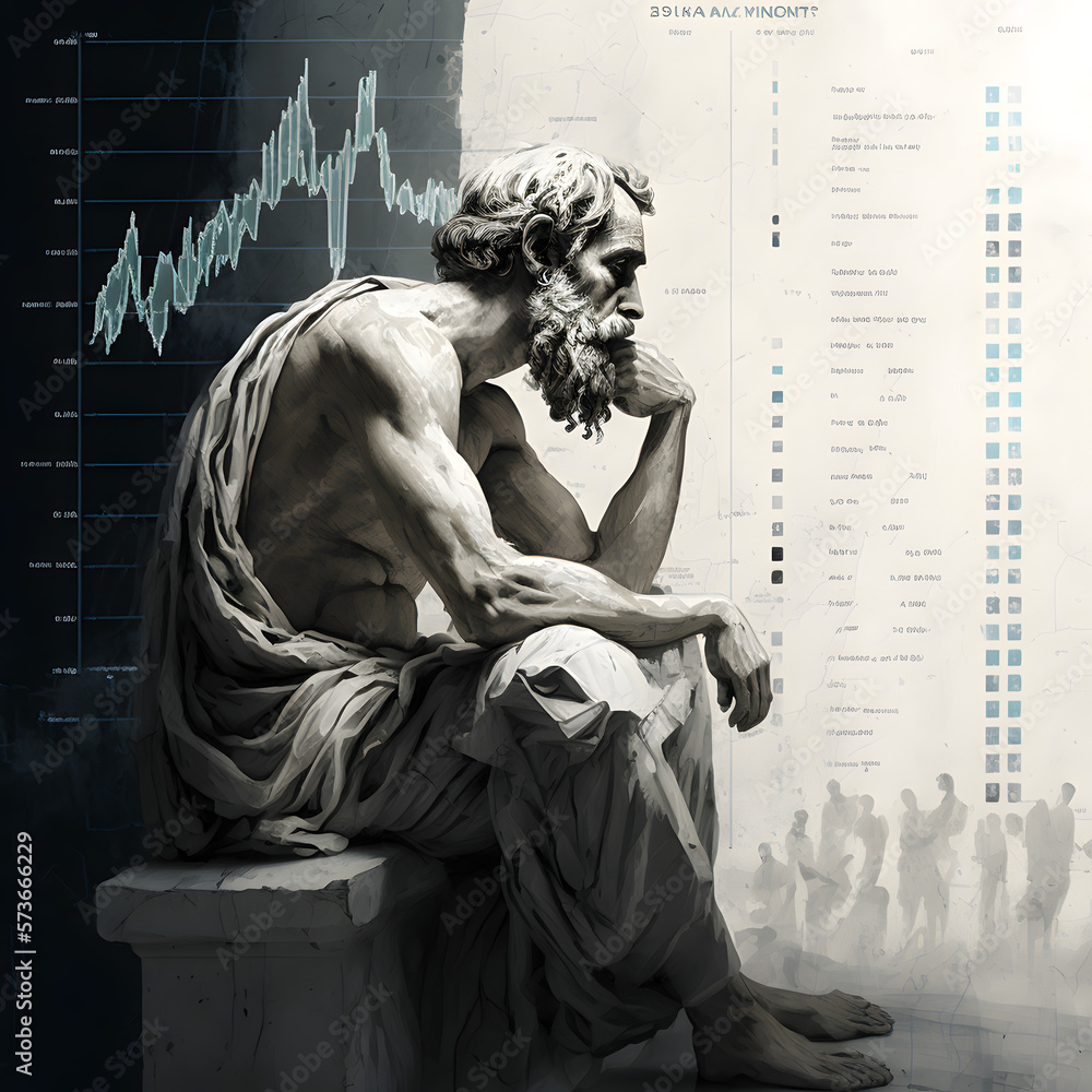 Ancient Greek thinker in front of trading chart, thinking of investing in stocks. Concept of smart investment  - obrazy, fototapety, plakaty 