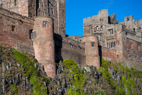 Close up of Bamburgh Castle outer walls and buildings. Northumberland, UK