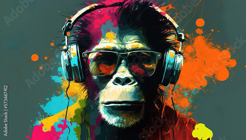 Leinwand Poster portrait of a party monkey ape with headphones on a colorful abstract background