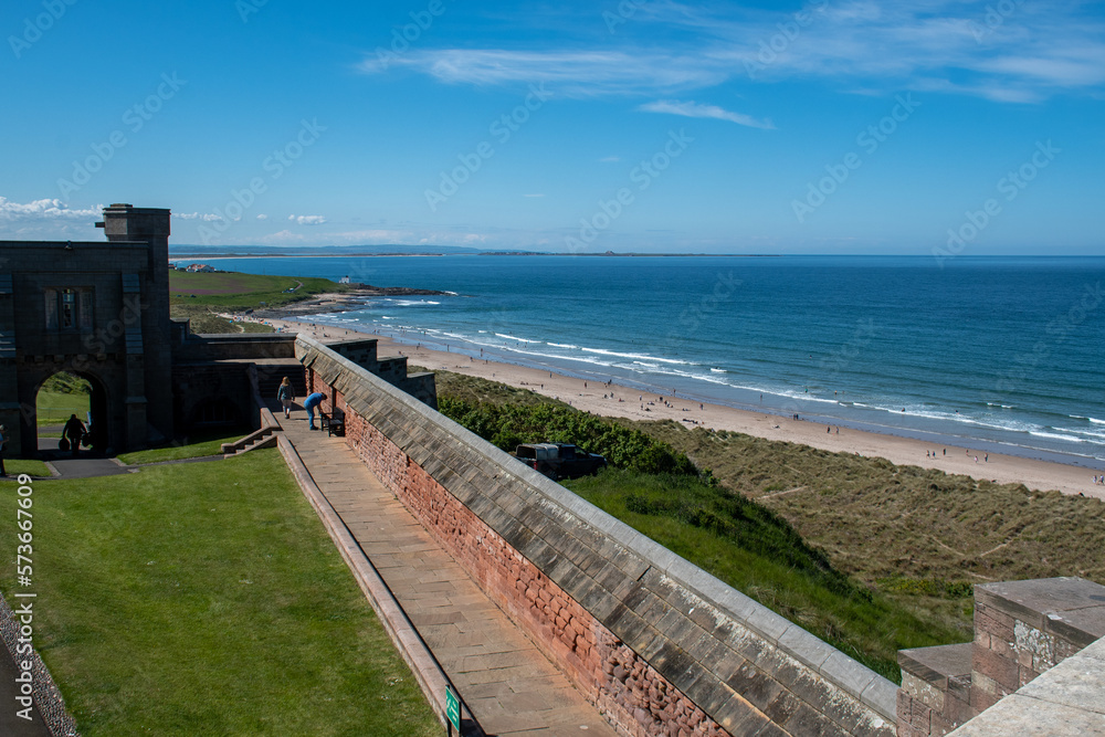 Bamburgh Castle outer walls looking out towards coast and sea. Northumberland, UK