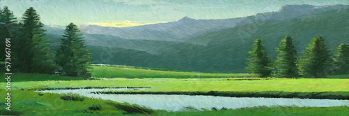 Green alpian landscape digital painting. Paintery, unfinished, cgi brush style. 2d illustration. photo