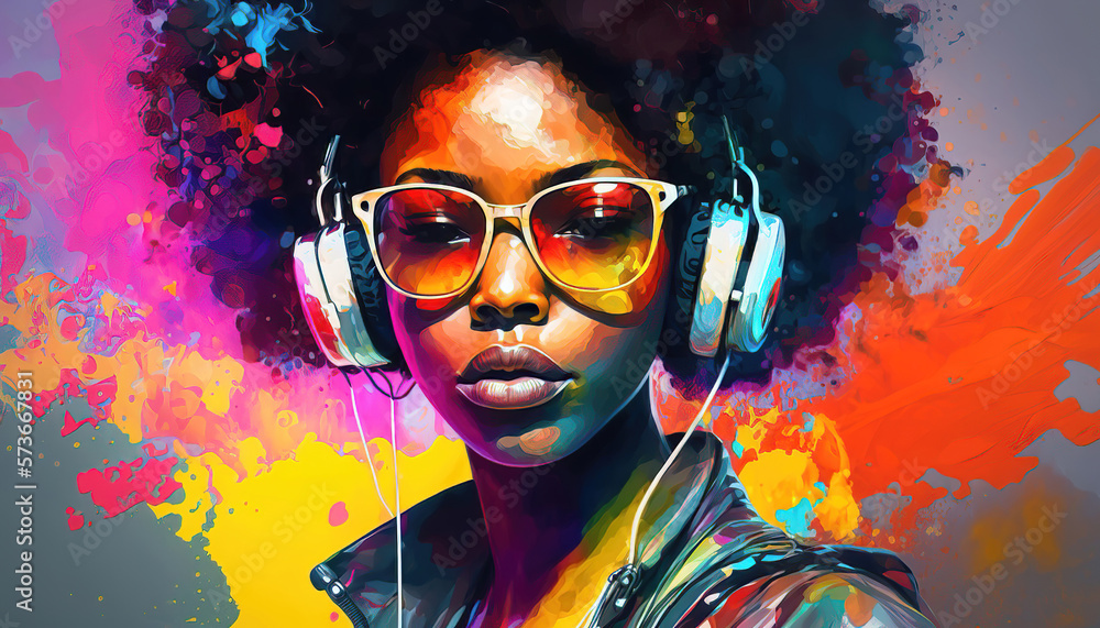 portrait of a beautiful african american woman with headphones and afro hair on a colorful abstract background, generative ai portrait of a beautiful african american woman with headphones and afro hair on a colorful abstract background, generative ai