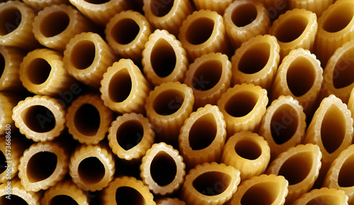 Modello di penne di pasta. Immagine di sfondo della pasta di semola di grano duro. Struttura astratta di pasta. Pasta cruda.