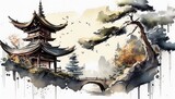 Traditional Japanese temple near water, Generative AI watercolor Japan nature landscape