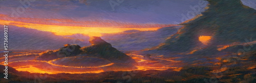 Primordial Earth landscape digital painting. Paintery, unfinished, cgi brush style. 2d illustration.
