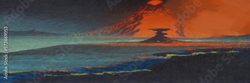 Primordial Earth landscape digital painting. Paintery, unfinished, cgi brush style. 2d illustration. photo