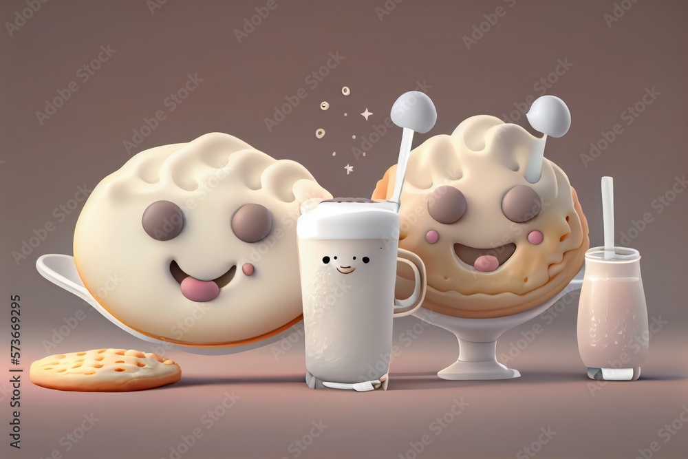 Cute Cartoon Biscuits and Gravy Characters 3D Illustration. Created