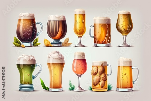 Various beer glasses. Personalized mugs and beer goblets. Illustration in. Generative AI