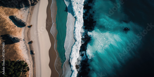 Aerial view of blue tropical sea with sandy beach, ocean birds eye view, generative ai 