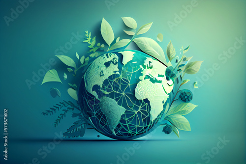 Umwelt- Konzept zum Tag der Erde: die Erde vor einem grünen und ökologisch nachhaltigen Hintergrund, Vektor Illustration - Generative Ai