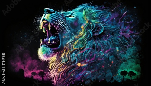Majestic lion roaring in the night sky