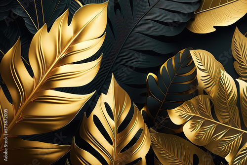 golden and black tropical leaves abstract background, generative ai