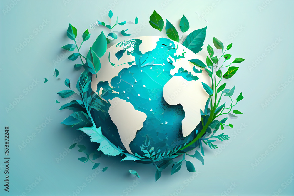 Umwelt- Konzept zum Tag der Erde: Menschliche Hände, halten die Erde vor einem grünen und ökologisch nachhaltigen Hintergrund, Vektor Illustration - Generative Ai - obrazy, fototapety, plakaty 