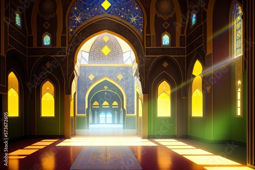 Islamic background painting. Mosque and shadows. Light rays from mosque window or door. Prayer's vision, generative ai. Muslim art.