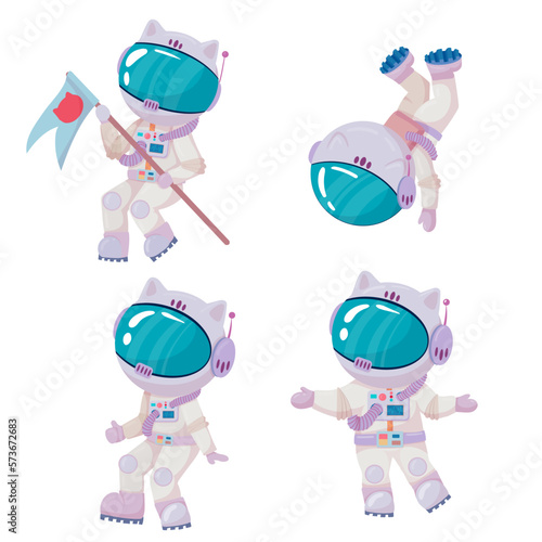 Cosmonaut in different poses. Astronaut in intergalactic space. galaxy. astronauts in space suits with helmets isolated on white background in cartoon style