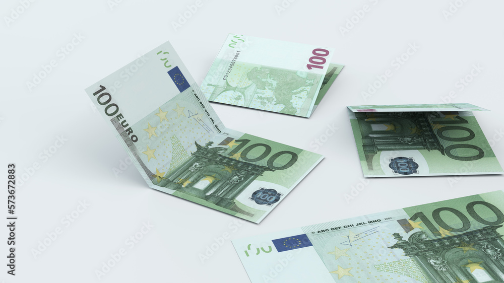 Money folded on top of a white table. 100 euro. Europe euro. 3d rendering.
