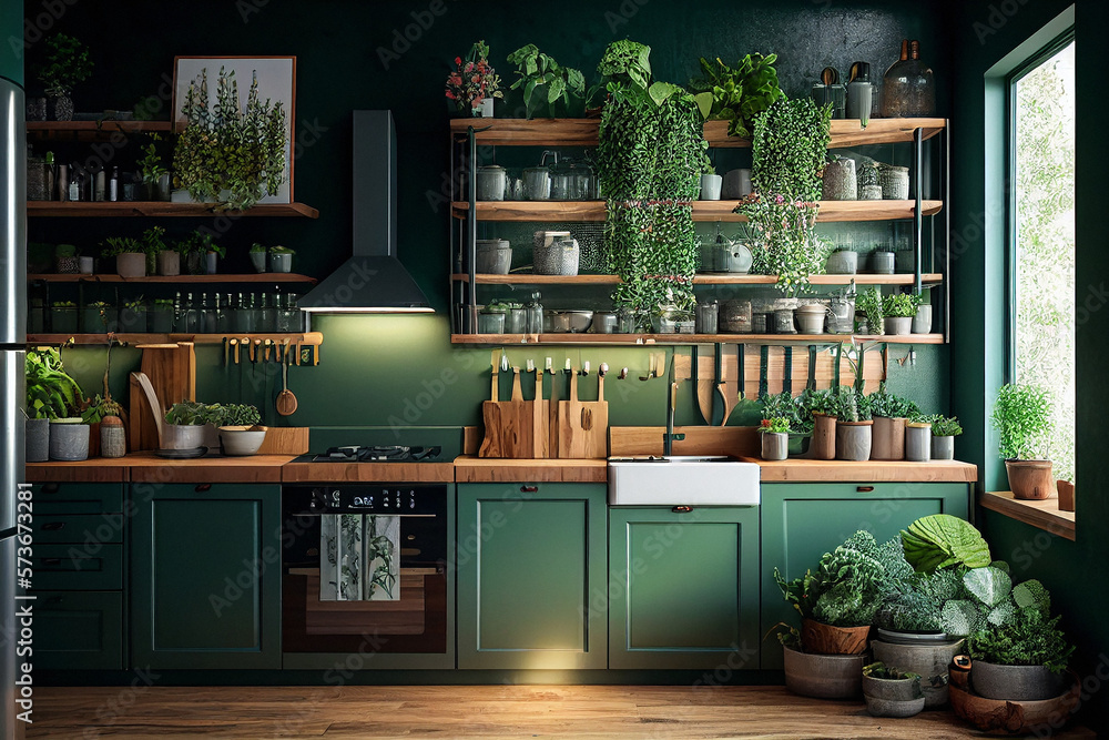 Green Kitchen Decor With Microgreens & Herbs - Generative Ai Stock