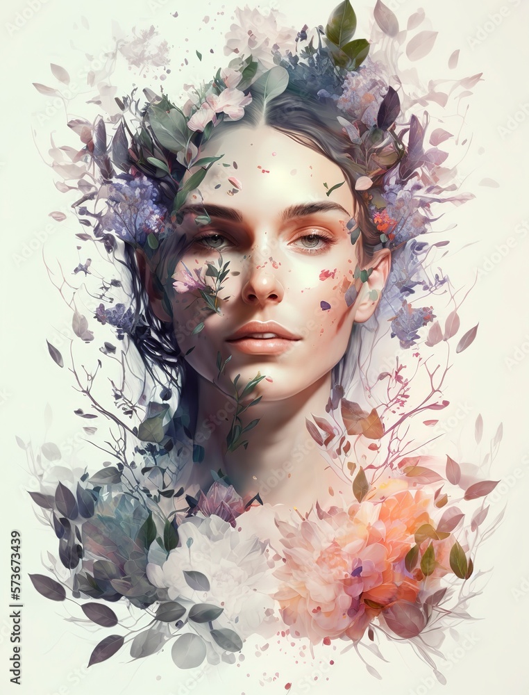 An elegant girl in a dress made of flowers. Spring bloom and style. Love. Generative art.