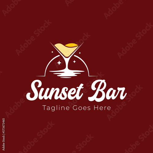 Sunset Bar Logo Design Template with glass cocktail and sunset. Perfect for business, company, mobile, app, restaurant, etc