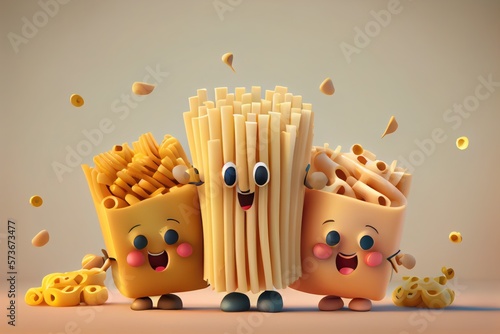 Cute Cartoon Pasta Characters 3D Illustration. Created with Generative AI Technology