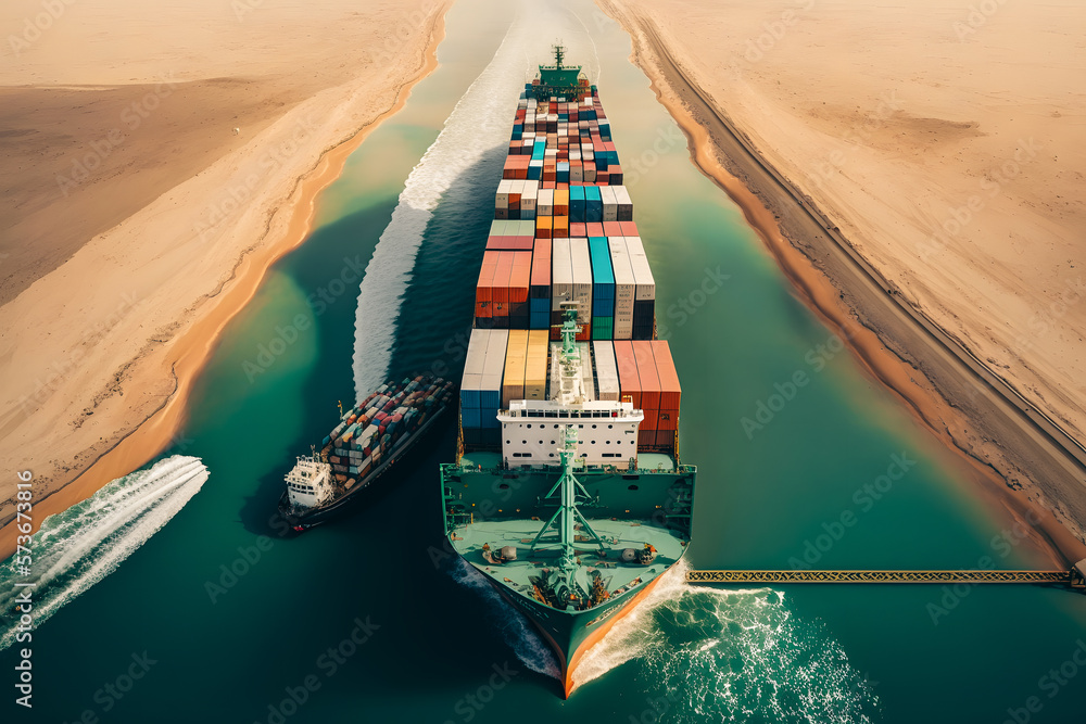 Fototapeta premium Accident crash Container cargo ship in transportation canal, aerial top view. Concept Global problem with marine traffic. Generation AI