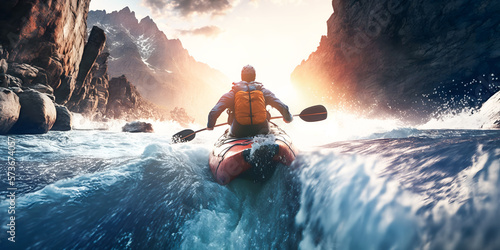 Adventure kayaking, Kayak sails on river mountain with sunlight. Generation AI