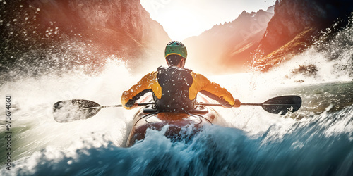 Adventure kayaking, Kayak sails on river mountain with sunlight. Generation AI