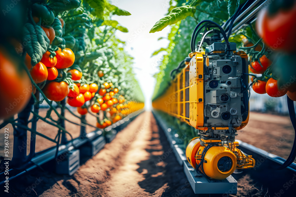 Industrial modern 4.0 greenhouse to grow tomatoes with robots drone. Concept technology innovations farming. Generation AI.