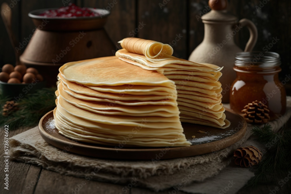 Spring celebration: Traditional Ukrainian thin pancakes (mlyntsi) for the celebraion of Shrovetide (Masnytsia, Maslenitsa)