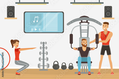 Brutal Man Sports Coach Giving Instruction and Training in Gym Vector Illustration